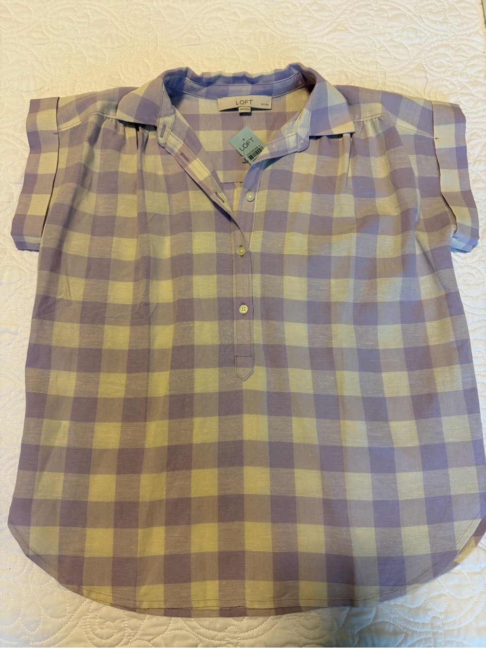 LOFT Lavender and Cream Check Button-Up Short Sleeve Shirt